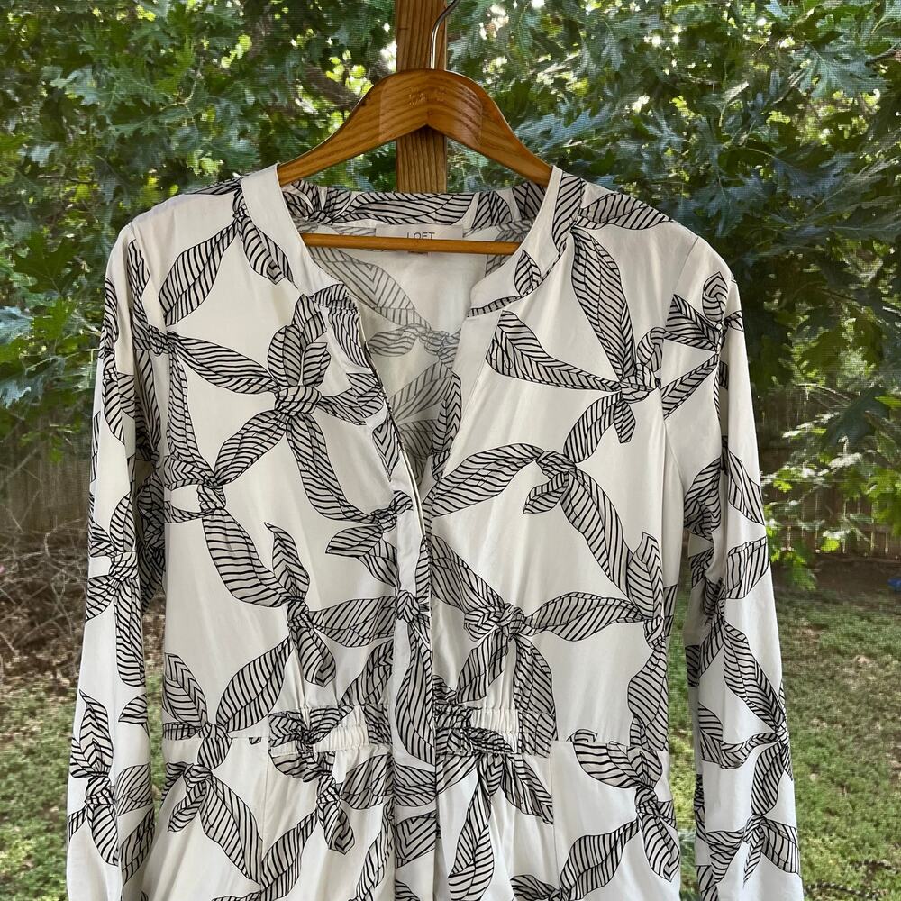 LOFT Women's Long Sleeve White & Black Bow Print Dress Size M - Picture 6 of 12